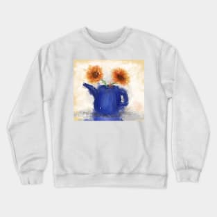An Artistic Painting of a Blue Watering Can with 2 Orange Flowers Crewneck Sweatshirt